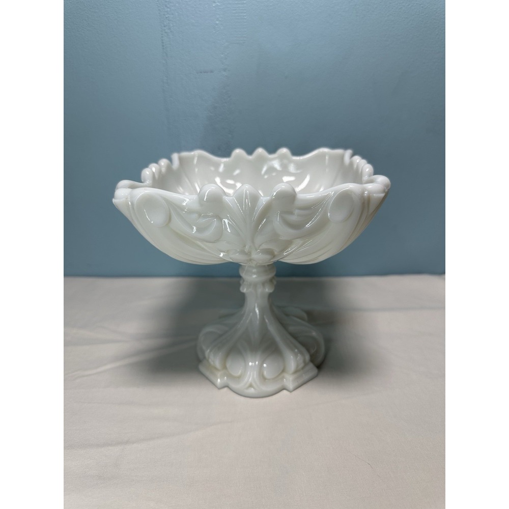 Vintage Portieux Vallerysthal French White Milk Glass Scrolled Compote Dish